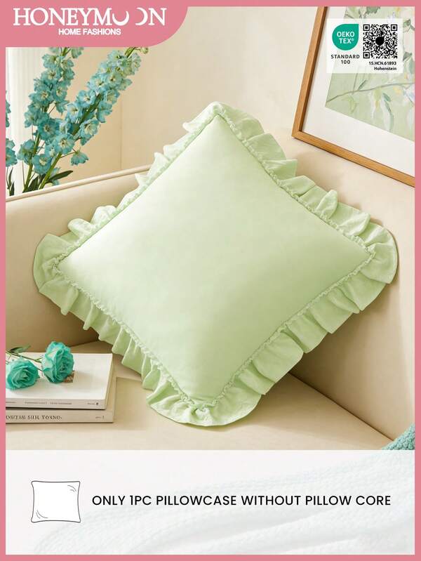 1pc Honeymoon Series Ruffled Quilted Throw Pillow Cover - Made Of Polyester Velvet Fabric, Romantic French Style Ruffled Pillow Cover (Pillow Insert Not Included), Envelope Closure, Wrinkle Resistant, Machine Washable, Oeko-Tex Certified, Light Green